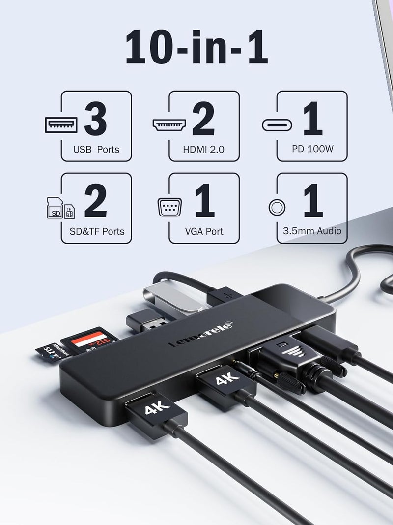 Lemorele USB C Docking Station Dual Monitor 10- in-1 Triple Display Laptop Hub Multiport Adapter w/2 HDMI 4K+VGA+3 USB3.0/2.0+TF/SD 2.0+Audio+100W PD, USB C Dongle for Mac/Dell/HP/Lenovo/Surface - Image 2